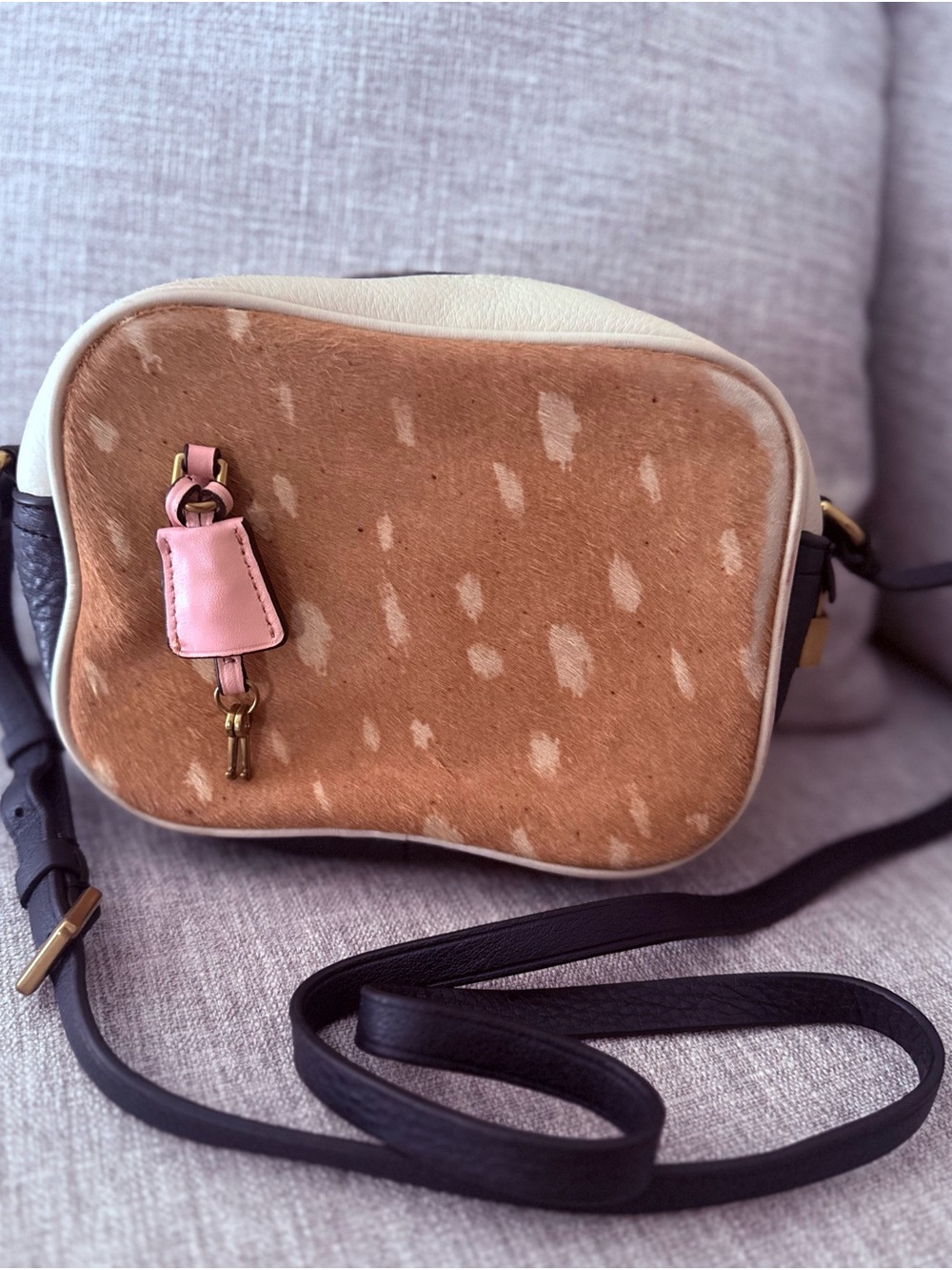 J.CrewLeather Crossbody Bag with Brown Haircalf Front and Pink key holder.